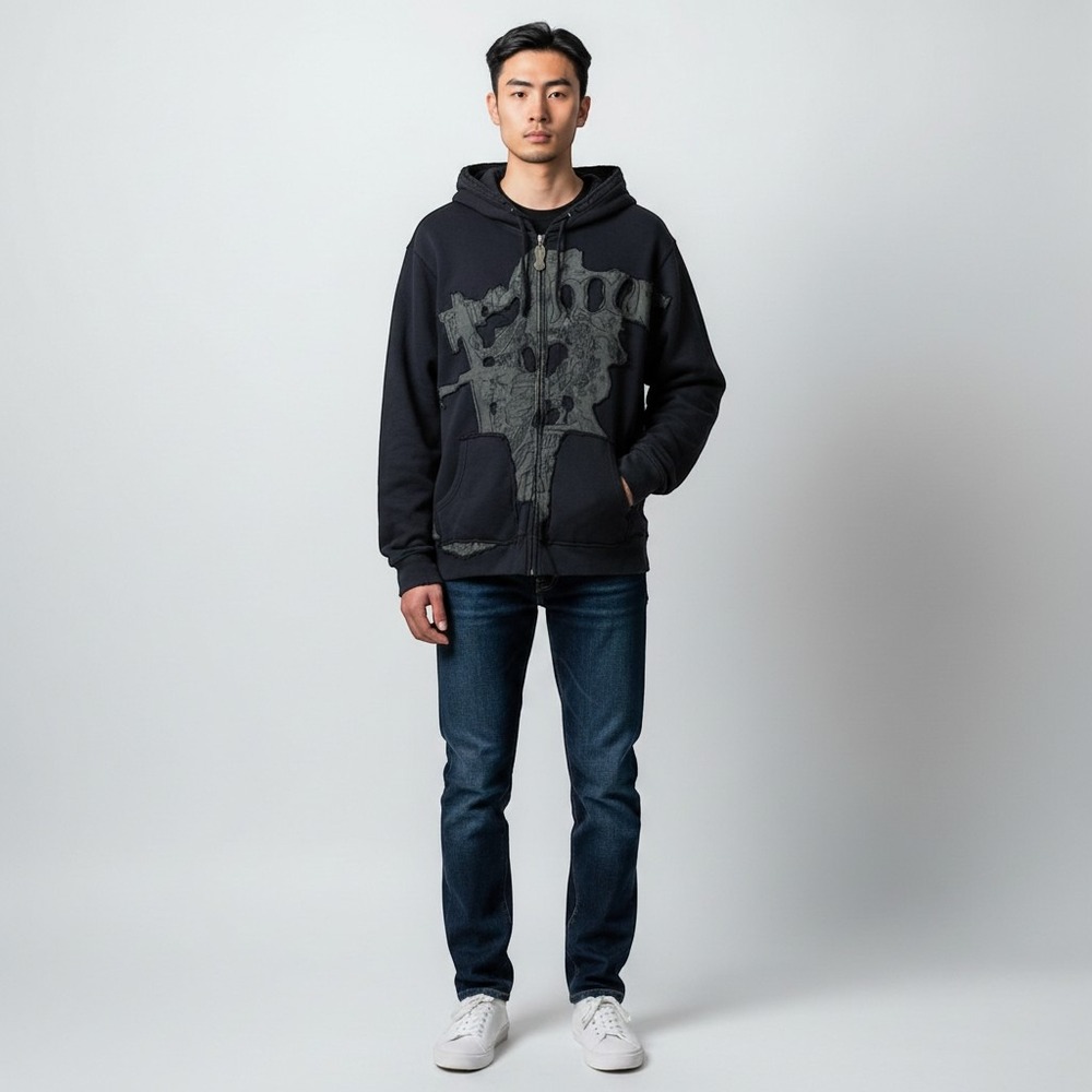 House of Howe Mens Zip Up Hoodie XL Black Distressed Graphic Streetwear Edgy